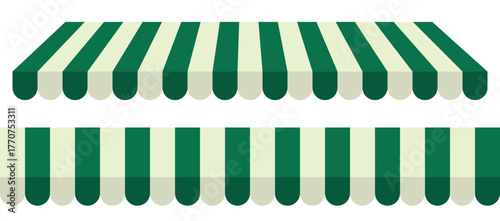 Green and white striped shop awning. Vector illustration of a store or market canopy isolated on transparent background.