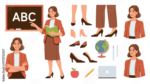 Teacher standing at a blackboard with ABC written on it while holding a book.