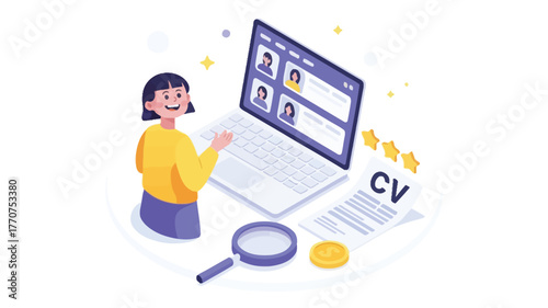 A person is reviewing a resume on a laptop with a magnifying glass and coins nearby.