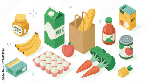 A collection of grocery items and food products are arranged on a white background.