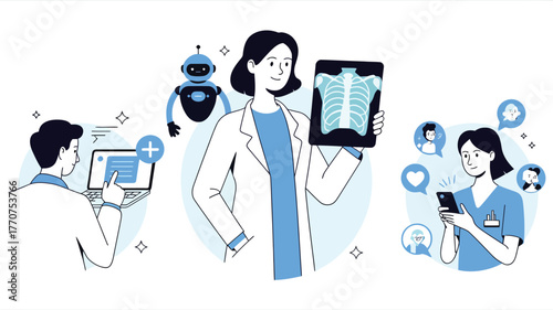 Medical professionals use technology and robots for advanced healthcare solutions and communication.