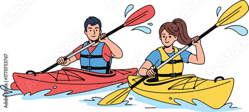 Cartoon kayaking, outdoor water sport, male and female paddling, dynamic splash, summer activity, adventure, vector illustration, kayak gear, action, fun