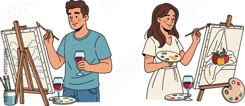 Cartoon painting scene with man and woman, wine glasses, easels, creative art session, vector illustration, indoor hobby, relaxing moment