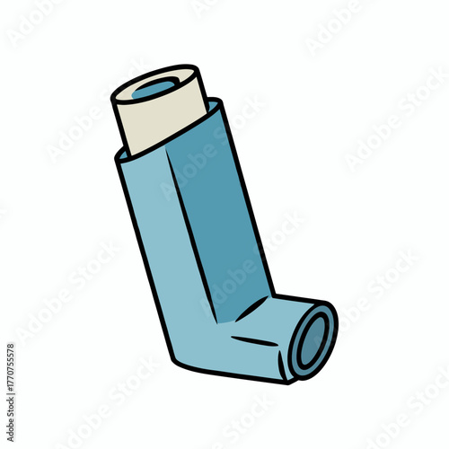 Cartoon Illustration of a Blue Asthma Inhaler for Respiratory Relief and Healthcare Awareness with Bold Outline
