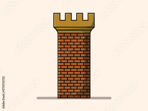 Castle Tower Illustration with Brickwork and Battlements against Neutral Backdrop Architectural Design Detailed Drawing