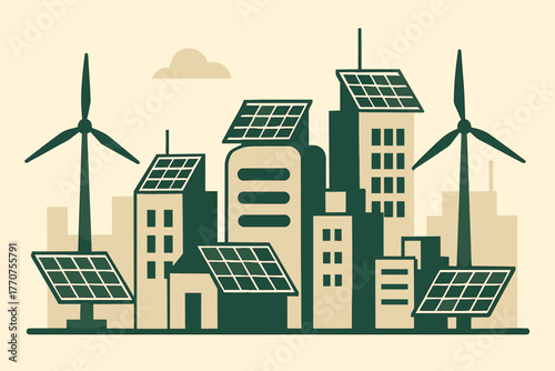 Cityscape wind clean no into turbines eco tech cyrillic solar icon skyline