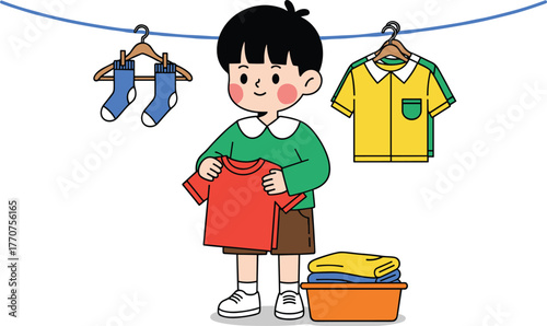 Cartoon, child, laundry, clothesline, helping, chores, red shirt, socks, basket, folding, everyday life, illustration, vector, home, responsibility, organizing, clean, clothing, household, activity