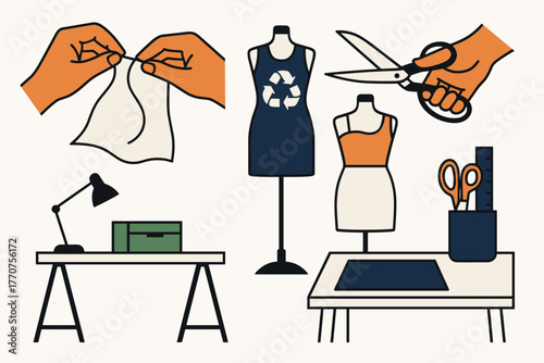 Icon workshop clothing fabrics fashion sewing organized recycled minimal white professional vector