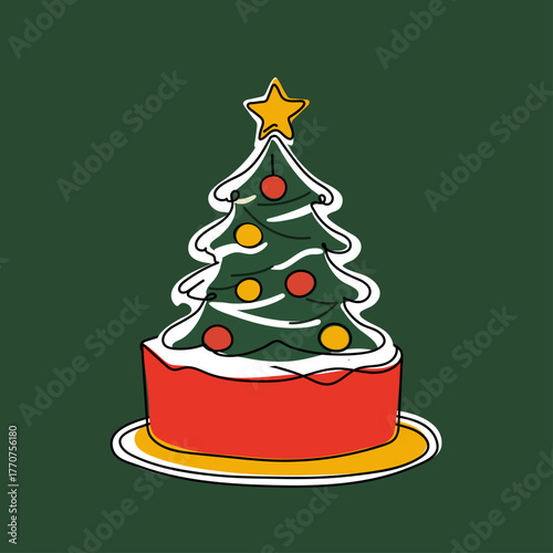 Christmas Tree with Golden Star  line  art