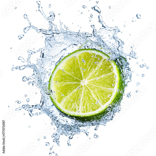Fresh lime slice splash frozen mid air captures juicy citrus refreshment isolated on transparent background