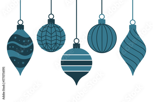 Five teal colored Christmas ornaments hang suspended against a white background.