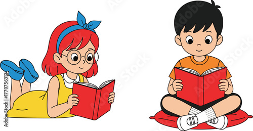 Cartoon, children, reading, books, girl, boy, lying, sitting, cushion, glasses, headband, orange, yellow, learning, literacy, education, study, school, vector, illustration