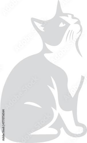 Gray Cat Sitting and Looking Upwards with White Markings, Elegant Cat Illustration for Modern Decor