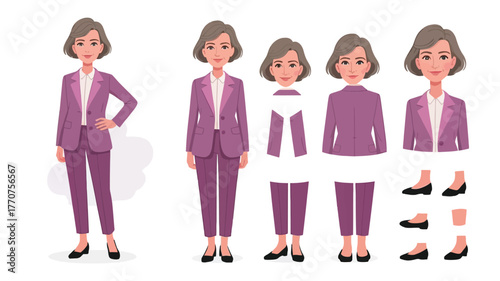 Woman in business suit shown in various poses and with interchangeable clothing elements.