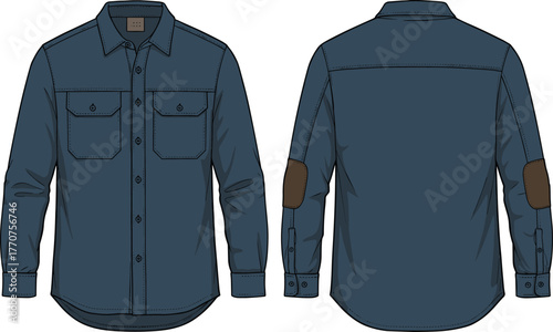 Dark blue long sleeve button-up shirt with chest pockets, brown elbow patches, curved hem, front and back technical fashion sketch
