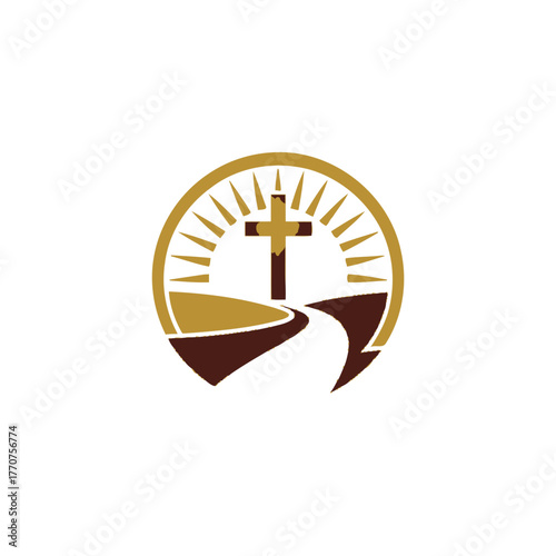 A path leads to a cross against a bright sunlit background inside a circle.