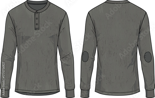 Dark gray long sleeve henley shirt front and back view with elbow patches, ribbed cuffs, vertical stripes, casual wear illustration