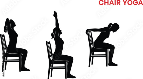 Chair yoga silhouette, seated yoga poses, black vector, wellness exercise, stretching routine, accessible fitness, senior yoga, indoor workout, calm posture