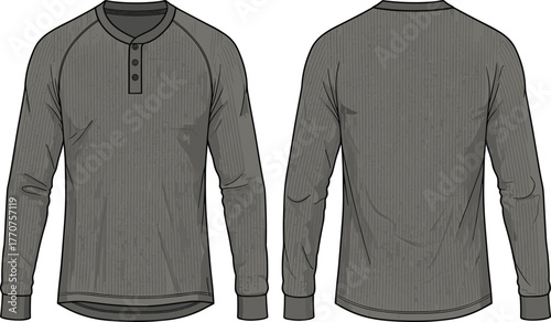 Fotografie Men’s long sleeve henley shirt technical fashion sketch with button placket, rib