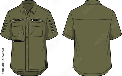 Olive green short sleeve utility shirt front and back technical flat sketch with zippers, pockets, stitching details and sleeve features