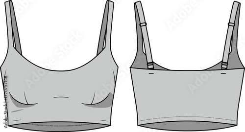 Stylish gray sports bra front and back view with adjustable straps, scoop neckline, fitted contour design for activewear fashion illustration
