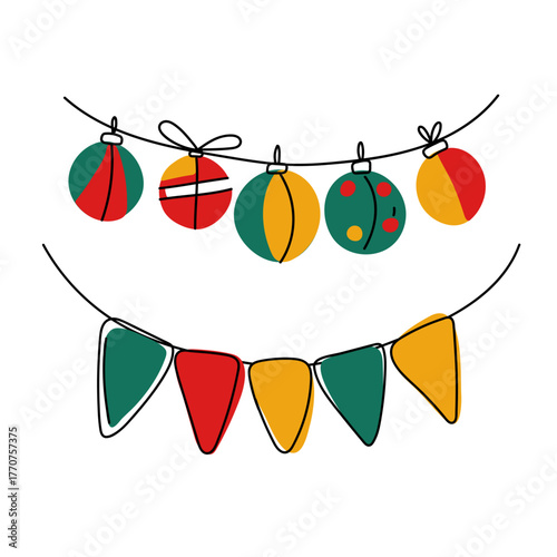 christmas garland with tree decorations, flags and lanterns, line art postcard