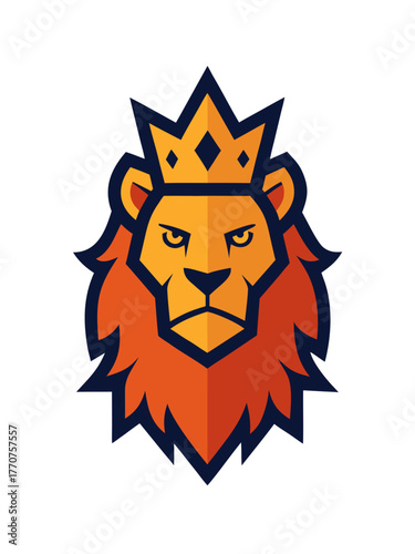 Stylized geometric lion head wearing a golden crown with a fierce expression on a black background