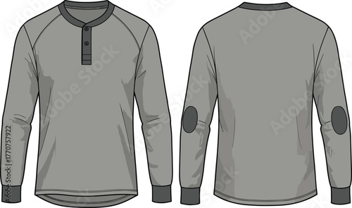 Technical flat sketch of long sleeve henley shirt with raglan sleeves, elbow patches, ribbed cuffs, curved hem, front and back view