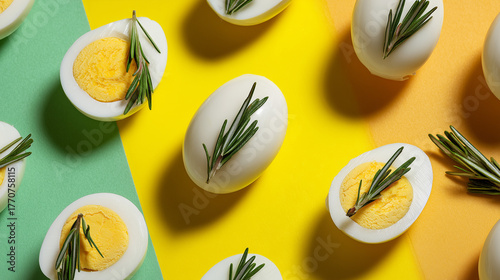 Halved boiled eggs with rosemary sprigs on a colorful yellow background