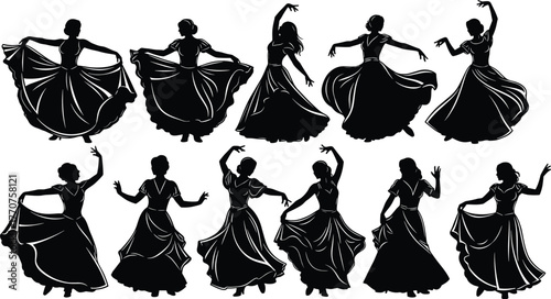 Dance, silhouette, vector, woman, motion, pose, performance, art, black, white, graceful, elegant, dress, movement, ballet, contemporary, expressive, choreography, female, illustration