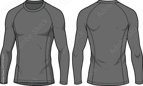 Technical vector illustration of long sleeve athletic shirt front and back view for sportswear design, performance apparel, and activewear mockup.
