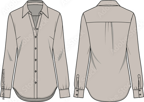 Women's long sleeve button-up shirt technical fashion sketch front and back view with collar, cuffs, darts, and yoke details