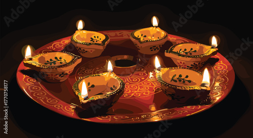 Decorative diya plate, festive oil lamps, Diwali celebration, glowing flames, cultural ritual, traditional decor, Indian festival, sacred light, warm ambiance, vector illustration