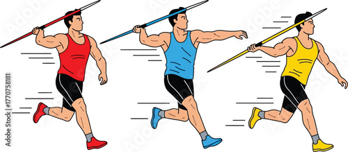 Three athletes demonstrate the javelin throw technique in motion