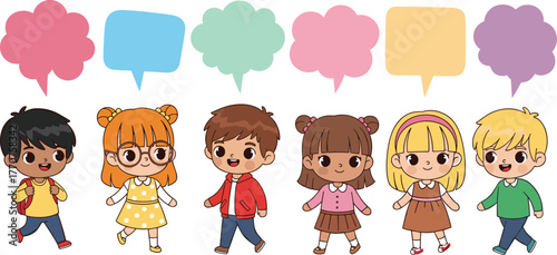 Diverse cartoon children, speech bubbles, classroom communication, creative dialogue, student expressions, colorful outfits, school kids, empty bubbles, learning scene, education concept