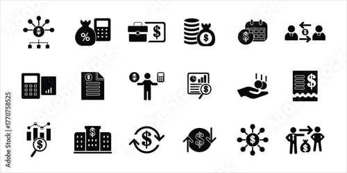 accounting isons set. accountant, income, credit, fiscal year, money flow, financial audit, financial statement and more. simple solid vector
