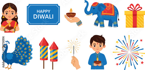 Diwali, celebration, festival, girl, boy, diya, elephant, peacock, sparkler, firecracker, gift, fireworks, India, traditional, decor, festive, colorful, happy, Hindu, lights