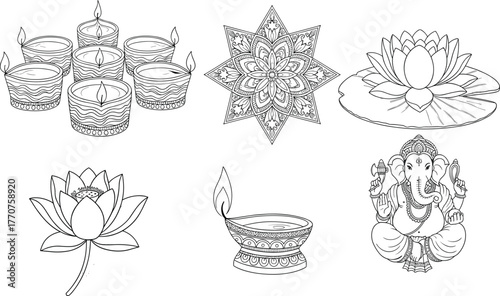 Diwali vector set, decorative diya, Lord Ganesha, lotus flower, mandala art, tealight candles, festive symbols, Indian culture illustration