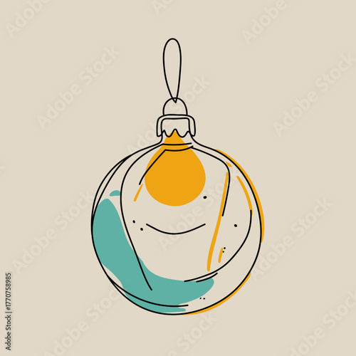 Merry Christmas single continuous line art. Holiday greeting card decoration christmas tree ball silhouette concept design