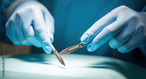 Hands in blue gloves holding surgical scalpel and scissors over sterile surface in operating room lighting