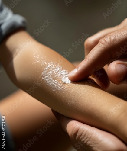 Close-up of a hand gently applying unbranded moisturizer to forearm skin