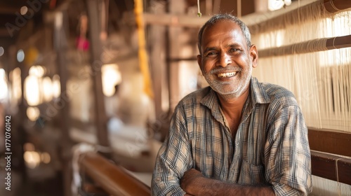 Portrait of Experienced Indian Weaver Smiling Warmly While Sitting Beside His Loom in Workshop