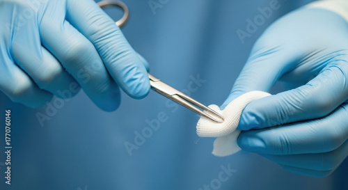 Hands preparing surgical tools with antiseptic cotton in a clinical environment for precise medical procedures