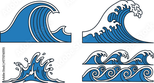 Stylized blue ocean waves in various artistic forms, representing water and nature's power.