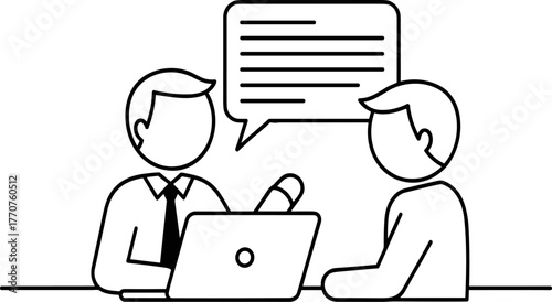 Adobe IllustratorAn illustration depicting a professional meeting between two individuals, featuring a laptop and a speech bubble, symbolizing discussion and idea exchange. Artwork