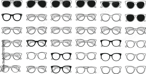 Eyeglass and sunglass silhouette vector, fashion eyewear icon set, optical frame clipart, black glasses design, accessory illustration collection