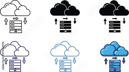 Cloud computing icons showing data transfer between servers and clouds in various styles