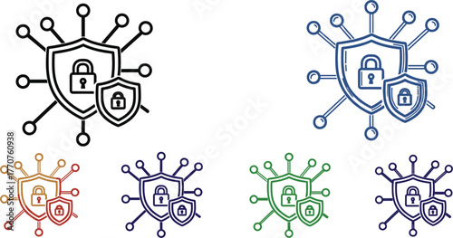 Icons symbolizing network security and data protection with a locked shield