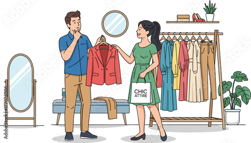 Fashion shopping, clothing store, customer interaction, red blazer choice, retail experience, stylish garments, mirror decor, chic attire, decision moment, trendy outfit