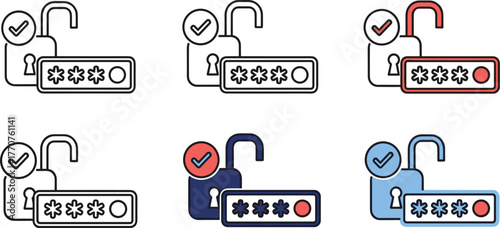Set of icons illustrating password security and account access, featuring unlocked padlocks and starfilled password fields